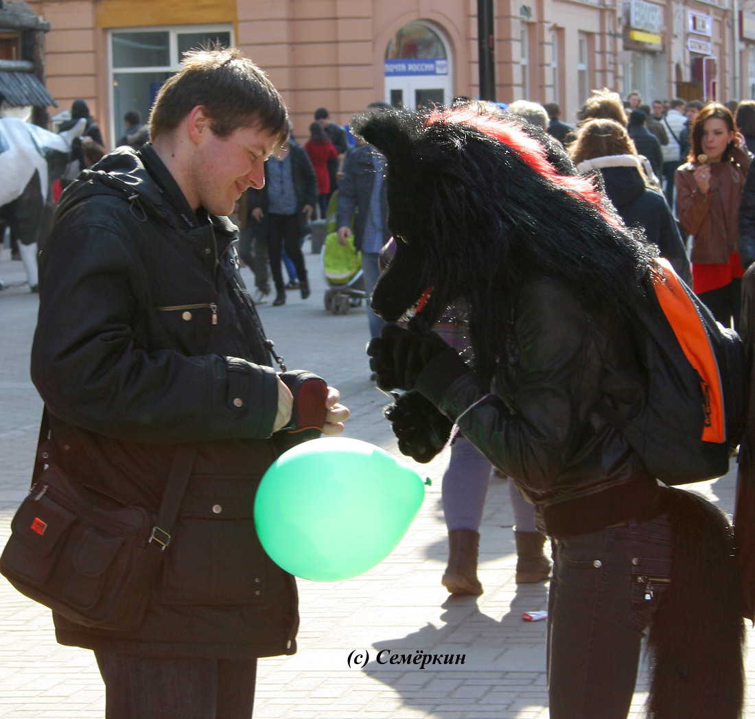 Москва - Обнимашки Free Hugs на Арбате - человек кормит волка